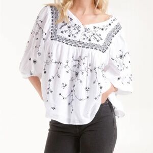 Zara White and Black Embroidered Blouse